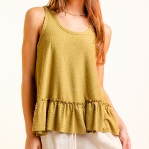 VJ2 VERY J New In Sleeveless Dotted Swiss Ruffle Hem Top Olive